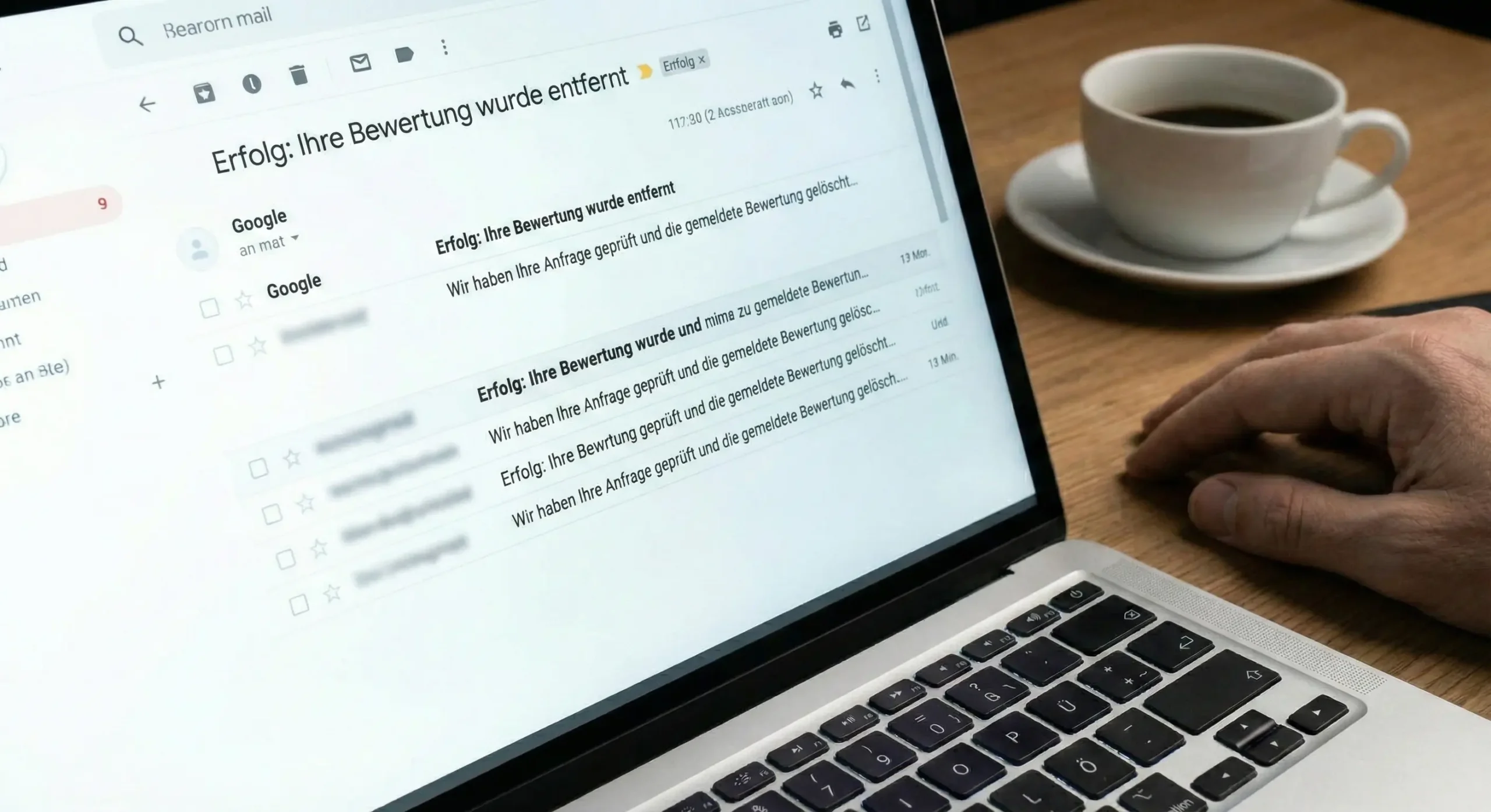 E-Mail von Google mit der Bestätigung „Ihre Bewertung wurde entfernt“ – erfolgreich gelöschte Google Bewertung durch Mein-Ruf